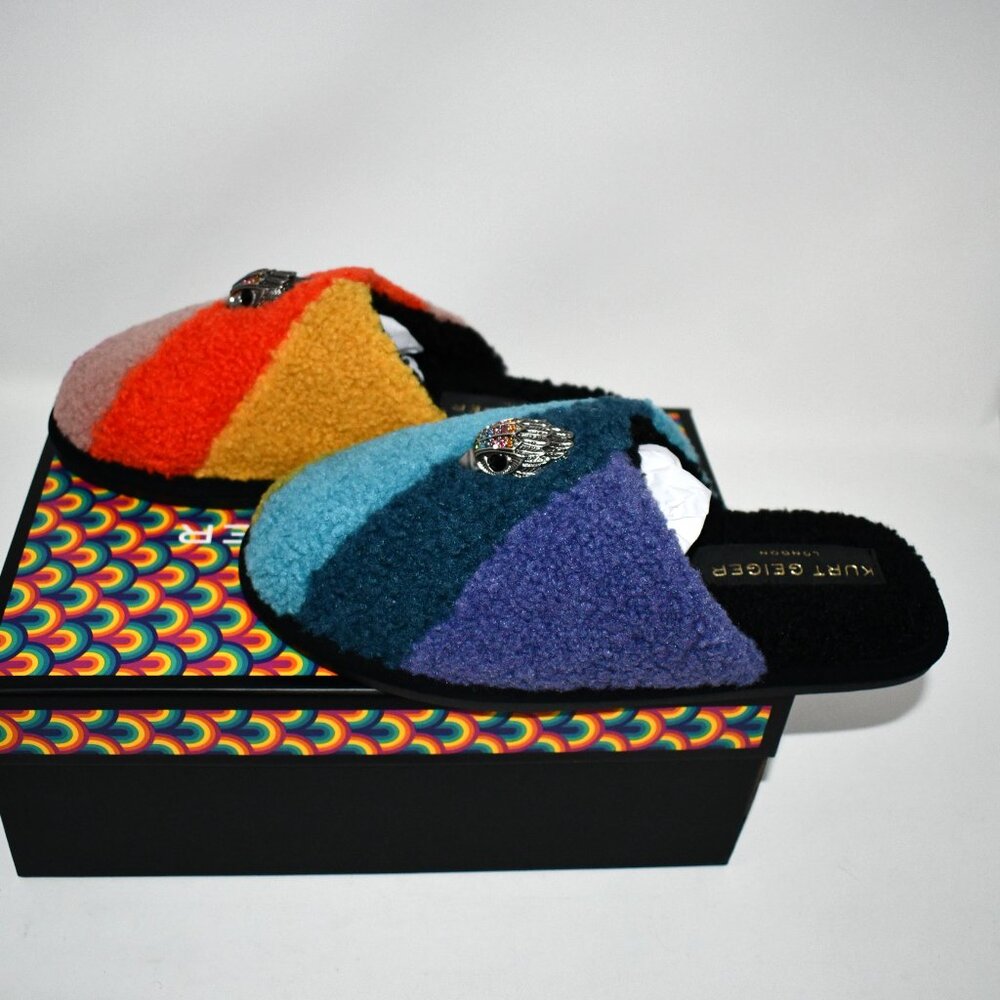 Kurt Geiger Kensington Faux Shearling Rainbow Logo Ornament Slippers in Multi 10 - Picture 3 of 7